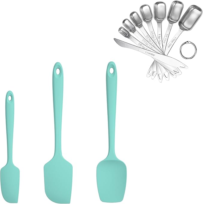 U-Taste 600ºF Heat Resistant Food Grade Silicone Spatula Set of 3, and 18/8 Stainless Steel Square Measuring Spoons Set of 8 (Aqua Sky+Silver)