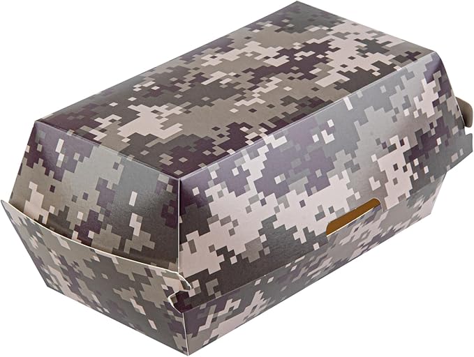 Restaurantware Bio Tek 6.7 x 3.5 x 3.5 Inch Clamshell Food Containers 100 Disposable Sandwich Containers - Hinged Lid Tab-Lock Closure Camouflage Paper Hot Dog Containers Durable Greaseproof