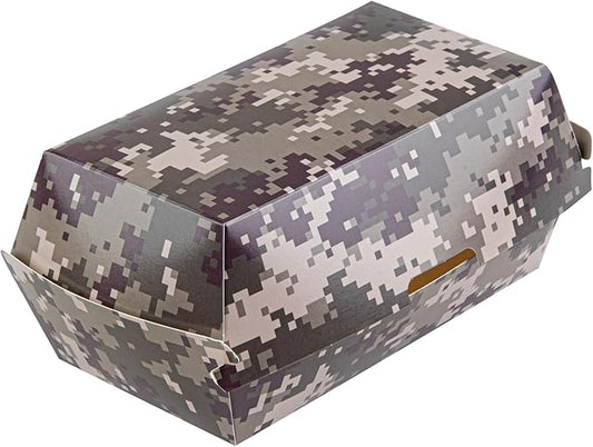Restaurantware Bio Tek 6.7 x 3.5 x 3.5 Inch Clamshell Food Containers 100 Disposable Sandwich Containers - Hinged Lid Tab-Lock Closure Camouflage Paper Hot Dog Containers Durable Greaseproof
