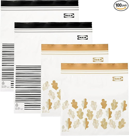 Ikea ISTAD Medium Reusable Food Bags with Double Seal, 1.2 & 2.5 Litres, Black Striped/Yellow Leaf - Set of 100 Bags