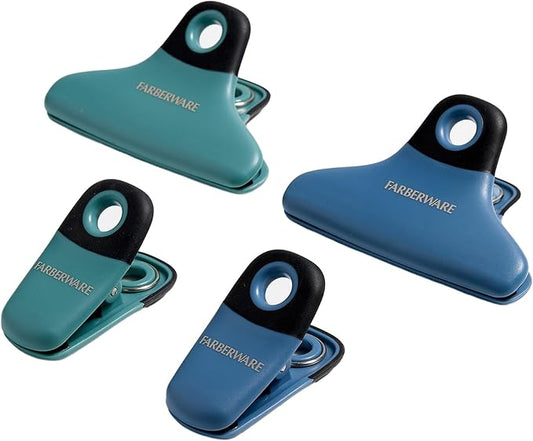 FARBERWARE Professional 4 Piece Bag Clip Set Durable, Versatile, and Stylish Blue and Green