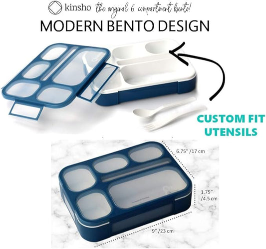 Bento-Box with Bag and Ice Pack Set. Lunch Boxes Snack Containers for Kids Boys Girls Adults. 6 Compartments, Leakproof Portion Container Boxes Insulated Bags for School Lunches, BPA Free, (Navy Blue
