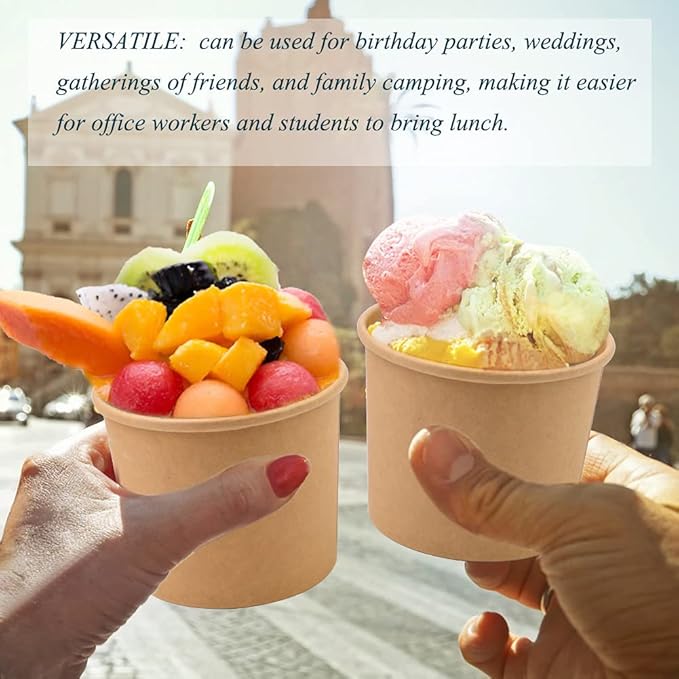 12 oz 50 Pack Paper Soup, Foods or Ice Cream Containers with Lids, Disposable Paper Food Cups, Soup Storage, Ice Cream Cups, Great For Restaurants or To-Go Lunch