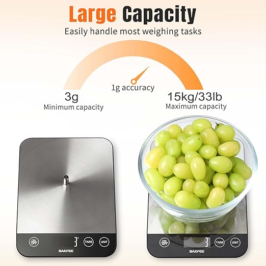 33LB Digital Kitchen Scale, Rechargeable Food Scale Grams and Ounces with Stainless Steel, USB Charging, 1g High Accuracy for Baking and Cooking, Food, etc