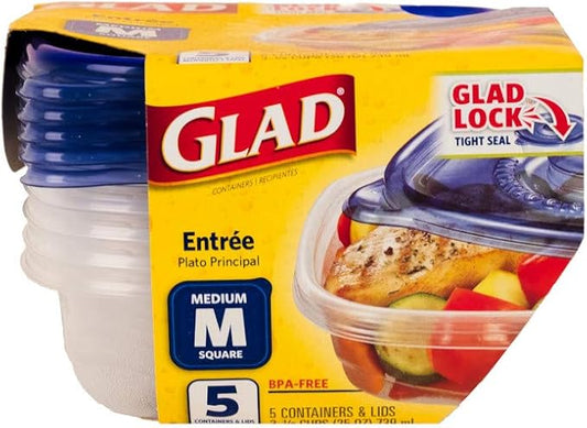 Glad Medium Square Food Storage Containers for Everyday Use | Medium Square Food Storage Containers Hold up to 25 Ounces of Food (25 Oz) |5 Count, Standard Food Containers (Pack of 4)