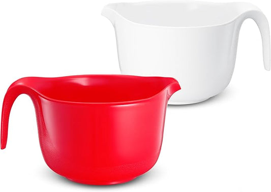2 Pcs Large Mixing Bowls with Handles, 3.6 qt - Plastic Nesting Bowls for Kitchen, Lightweight Batter Bowls, Easy to Clean, White & Red