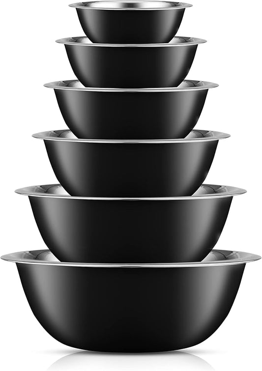 JoyJolt Stainless Steel Mixing Bowl Set - 6 Piece Nesting Bowls, 5qt to 0.5qt, Black, Perfect for Dough, Batter & Baking