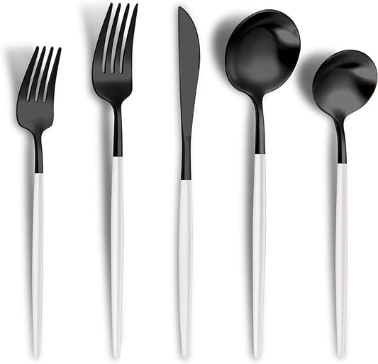 Matte Black White Silverware Set for 4,Modern Stainless Steel Brushed Cutlery Set,20-Pieces Heavy Duty Flatware Set,Knives Spoons and Forks Set Utensils Set, Satin Finish, Dishwasher Safe