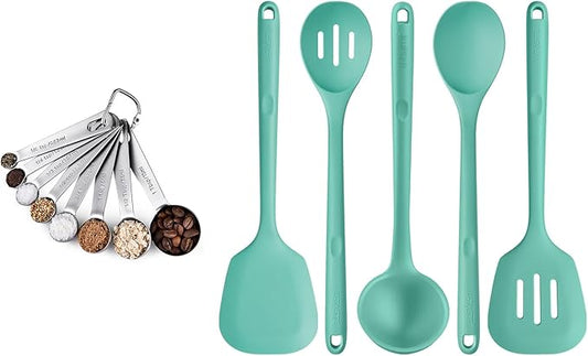 18/8 Stainless Steel Measuring Spoons Set for Dry and Liquid Ingredients (Set of 8), and 600℉ Heat Proof BPA-Free Solid/Slotted Sturdy Cooking Utensil Set of 5 for Non Stick Cookware, Aqua Sky