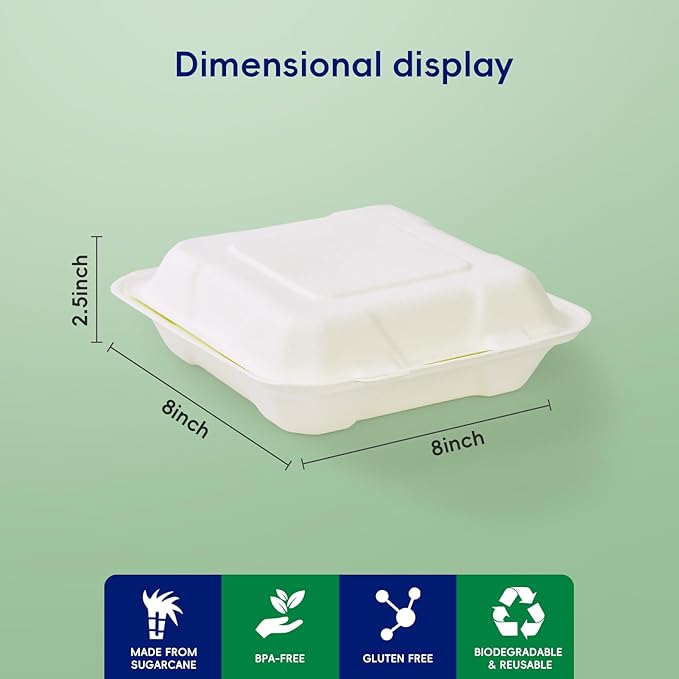 JOLLY CHEF Clamshell Take Out Food Containers, 8 * 8" 50-Pack, 3-Compartment To Go Boxes, Disposable Paper, Sugarcane for Salad, Lunch