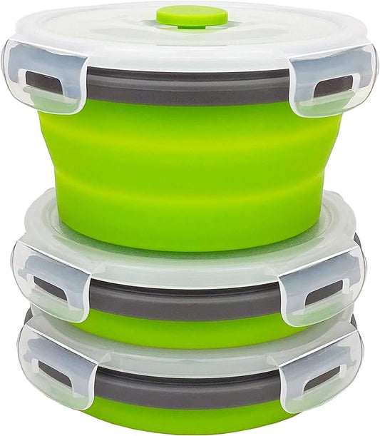 CCyanzi 3piece Round Collapsible Bowl with Lids, Silicone Food Storage Containers, Microwave & Freezer Safe, Space Saving for Kitchen Cabinet and Camping Backpack,(Green Gray)