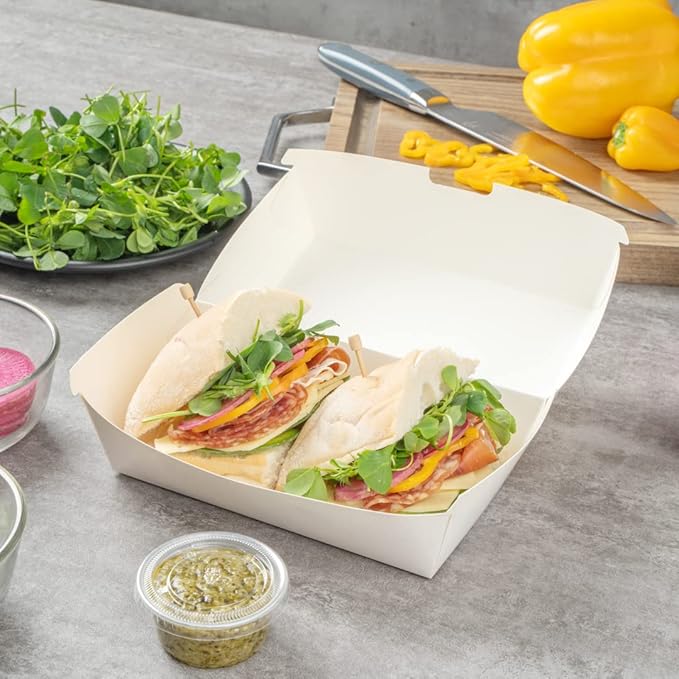 Restaurantware Bio Tek 6.7 x 3.5 x 3.5 Inch Clamshell Food Containers 100 Disposable Sandwich Containers - Hinged Lid Tab-Lock Closure White Paper Hot Dog Containers Recyclable Greaseproof