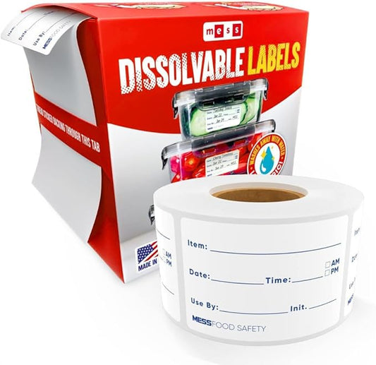MESS Dissolvable Food Labels, 2x3, 300/Roll - Dissolves in 30 Seconds or Less - Removable Labels for Mason Jars, Food Containers & Pantry - Ideal for Canning & Freezer Storage