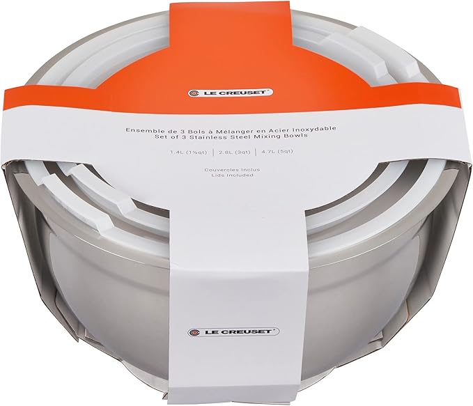 Le Creuset Set of 3 Nested Mixing Bowls w/Nonslip Silicone Base & Plastic Air Tight Lids, Large, Stainless Steel