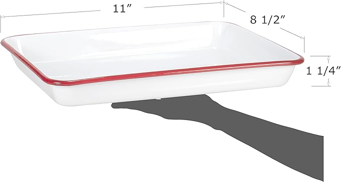 Red Co. 11" x 9" Enamelware Metal Classic 2 Quart Rectangular Serving Tray, Solid White/Red Rim