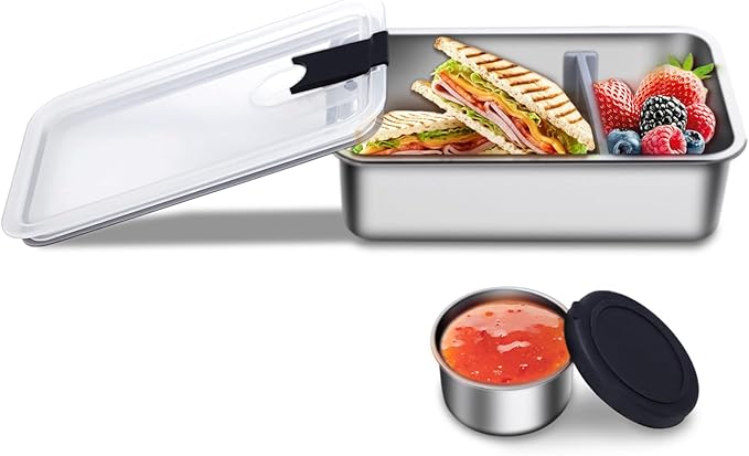 Stainless Steel Bento Lunch Box for Adult, 42oz Leak-Proof Lunch Box Containers, Microwave-Safe, with Adjustable Divider, Convenient Metal Lunchbox for Work, Travel