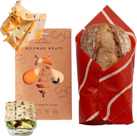 Parforna Beeswax Food Wraps - Reusable & Sustainable Wraps in 3 Sizes, Plastic Film Alternative, Food Storage Wraps, Bread Sandwich Wrapper, Eco-Friendly, Organic, Zero-Waste, Fresh Food For Longer