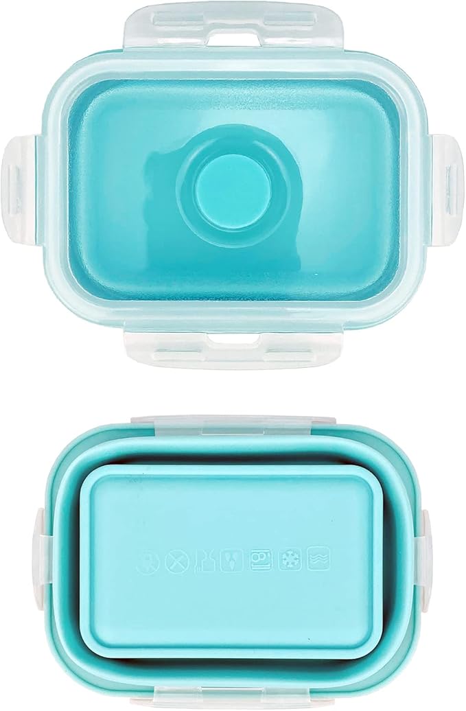 CCyanzi 3piece Collapsible Food Storage Containers with Lids, Silicone Lunch Container, Microwave & Freezer Safe, Space Saving for Kitchen Cabinet and Camping Backpack,(blue)