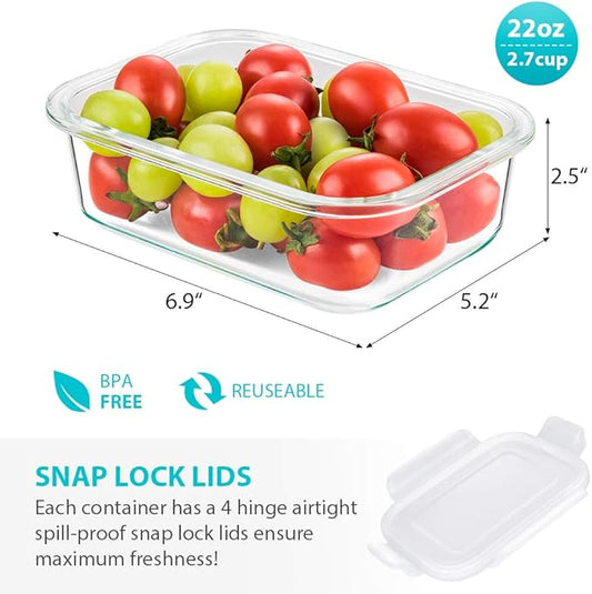 Bayco 6 Pack Glass Meal Prep Containers, Glass Food Storage Containers with Lids, Airtight Glass Lunch Bento Boxes, Leak Proof (6 lids & 6 Containers)