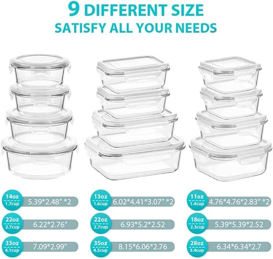 Glass Food Storage Containers with Lids, [24 Piece] Glass Meal Prep Containers, Airtight Glass Bento Boxes, BPA Free & Leak Proof (12 lids & 12 Containers) - White