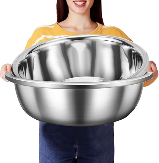 2 Pack Large Mixing Bowl Oversized All Purpose 304 Stainless Steel Polished Mirror Flat Base Metal Bowl for Home or Commercial Prepping Baking Mixing Marinating(8qt)