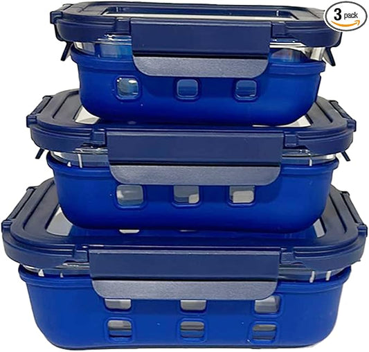 VINGO Glass Food Storage Container with Silicone Sleeve and Leak Proof Airtight Lids, Rectangular shape - 6 Pc Set (3 Containers - 3 Matching Lids) Blue