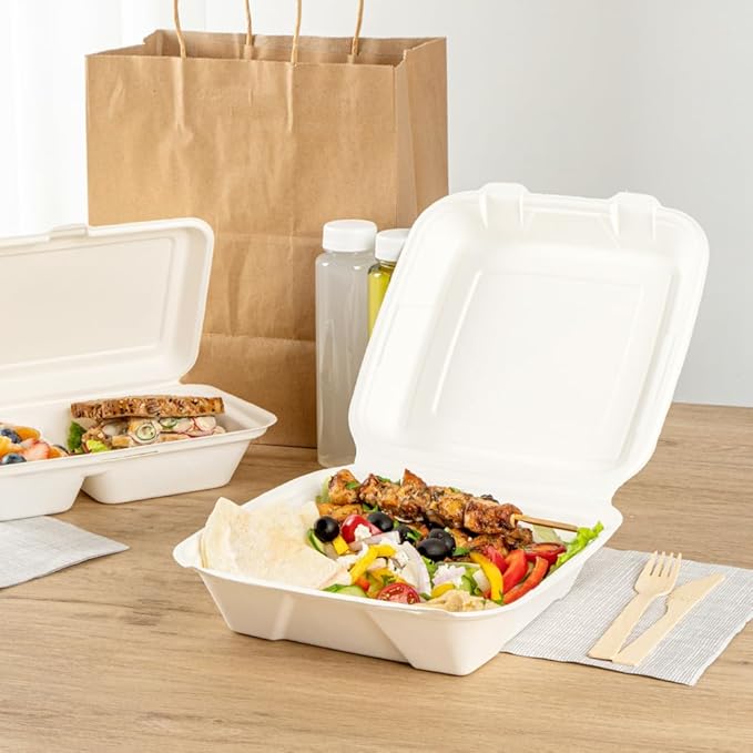 Restaurantware Pulp Safe No PFAS Added 32 Ounce Clamshell Boxes 100 Disposable Containers - Home Compostable Microwavable And Freezable White Bagasse Containers Built-In Hinged Lid And Tab Lock