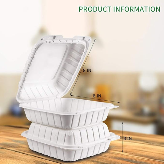 FULING [8x8-Inch, 50 Pieces Disposable To Go Box Containers, Plastic Clamshell Takeout Food Trays, Microwave Safe, Cut Resistantstable Hinged Lid, Hybrid Polypropylene, White