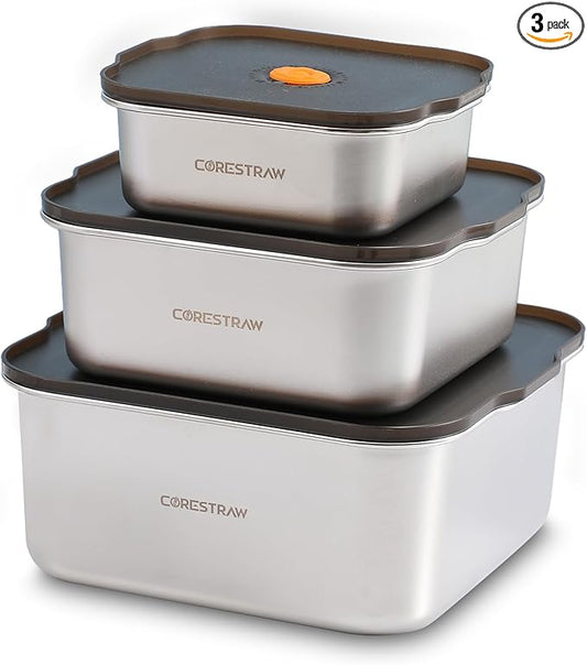 Stainless Steel Food Storage Containers With Lids | Snack Containers for Kids, Freezer Safe, Microwave Safe | 304 Metal Containers For Meal Prep, Leftovers, Freezer - Set of 3 (24oz, 57oz, 100oz)