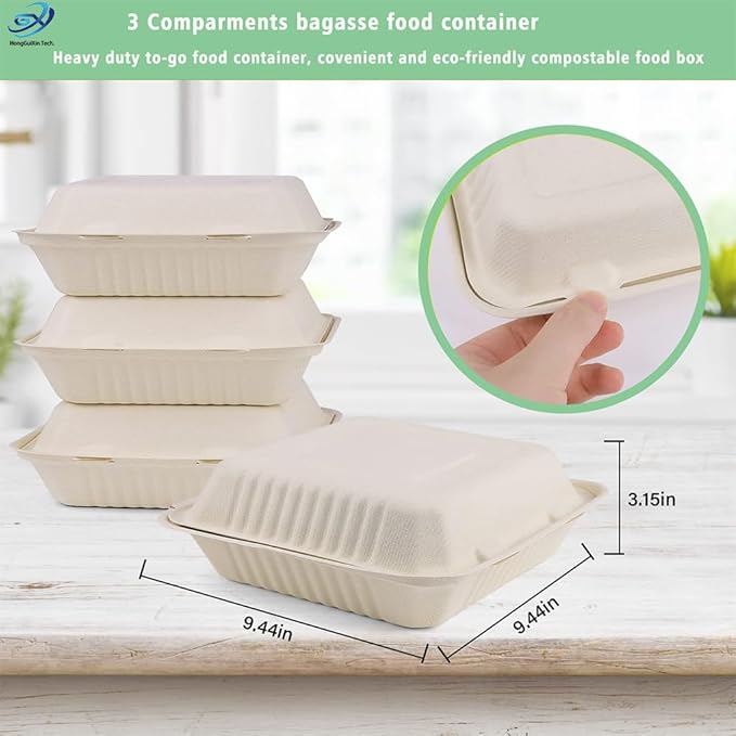 Compostable Take Out Food Container 9x9 Biodegradable 3-Compartment Clamshell To Go Container with Hinged Lid Heavy Duty Togo Disposable Box For Pasta Salad Sandwich Carryout Meal