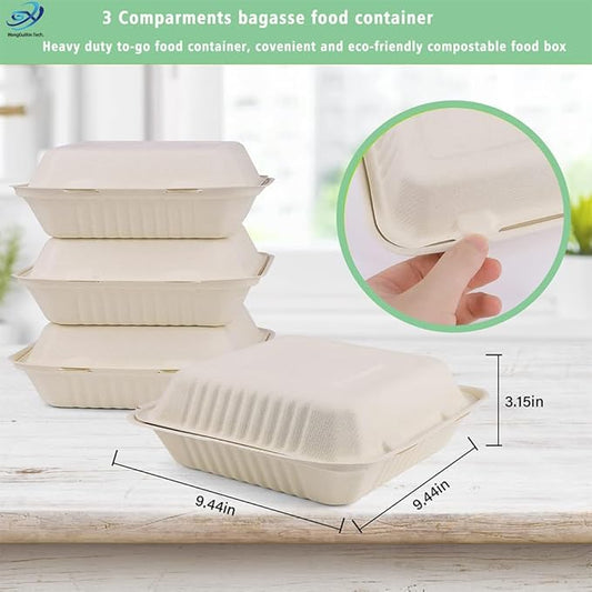 Compostable Take Out Food Container 9x9 Biodegradable 3-Compartment Clamshell To Go Container with Hinged Lid Heavy Duty Togo Disposable Box For Pasta Salad Sandwich Carryout Meal