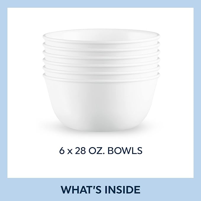 Corelle Vitrelle 6-PC Medium 28-oz Glass Soup/Cereal Bowls Set, Chip & Crack Resistant Dinnerware Bowls for Soup, Ramen, Cereal and More, Winter Frost White