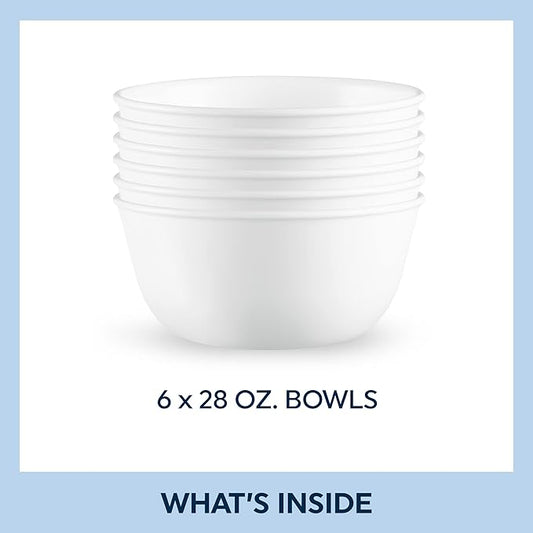 Corelle Vitrelle 6-PC Medium 28-oz Glass Soup/Cereal Bowls Set, Chip & Crack Resistant Dinnerware Bowls for Soup, Ramen, Cereal and More, Winter Frost White