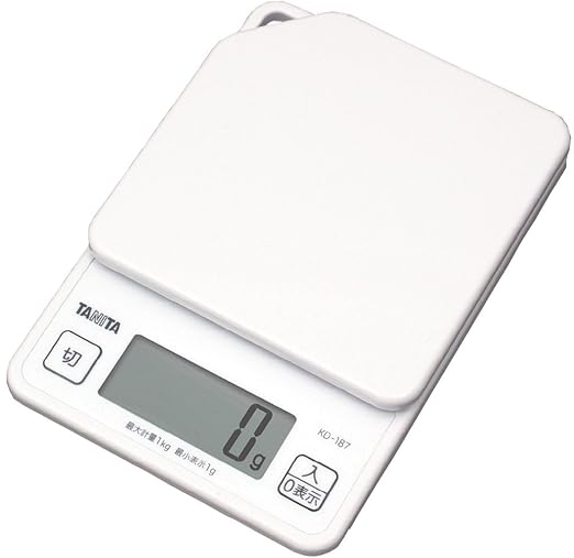 Tanita KD-187 WH Cooking Scale, 0.3 oz (1 g) Units of Up to 2.2 lbs (1 kg), Includes Hook Holes for Convenient Storage, White, Kitchen Scale, Cooking, Digital