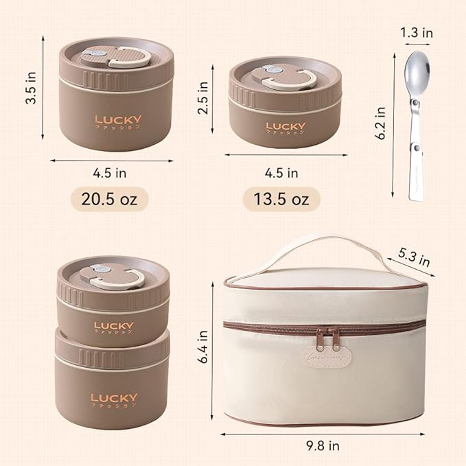 VANDHOME Bento Box Adult Lunch Box Set, Portable Keep Warm Lunch Container With Insulated Bag, 18/8 Stainless Steel Thermal Food Container, Induction Cooker & Microwave Safe (Khaki 4Pcs 68oz)