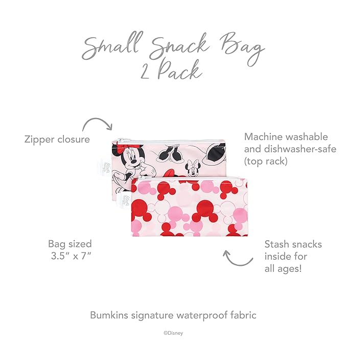 Bumkins Disney Reusable Snack Bags, for Kids School Lunch and for Adults Portion, Washable Fabric, Waterproof Cloth Zip Bag, Supplies Travel Pouch, Food-Safe, 2-pk Minnie Mouse Classic