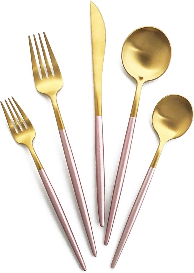 Silverware Set, Hand polished Matte Gold Pink Flatware Cutlery Set Service for 2, Satin Finish 10 Pieces 18/10 Stainless Steel Utensils Set for Home and Restaurant, Dishwasher Safe
