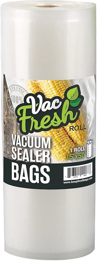 Vac Fresh Vacuum Seal Bags, Large Vacuum Sealer Rolls, 3.5 mil Thick, 15 inches Wide x 50 Feet Long Vacuum Seal Bags Roll, for Food Storing, Meal Prep, Sous Vide Cooking, Bulk Storage, 15x50 Roll