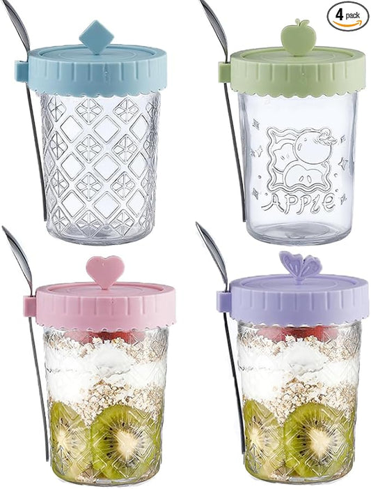 4 Pack Overnight Oats Containers With Lids and Spoons, 20 Oz Glass Oats Containers Jars, Leak Proof Mason Jars With Airtight Lids, Overnight Oat Jar For Milk, Cereal, Fruit