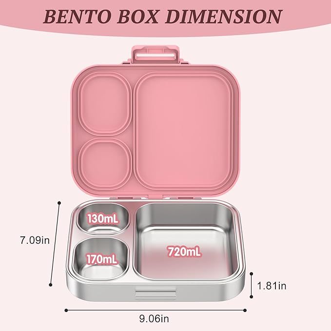 Stainless Steel Kid Lunch Box, Leak-Proof with free sealing Bento Box 3 Compartments Pink Girl