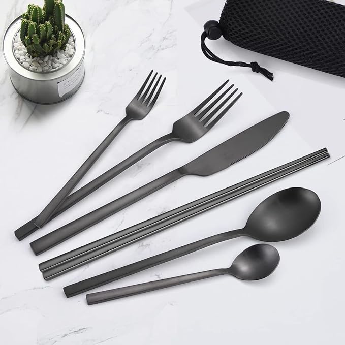 AARAINBOW 6 Pieces Stainless Steel Flatware Set Portable Reusable Cutlery Set Travel Utensils Set Including Chopsticks Knife Fork Spoon Straws Cleaning Brush Dishwasher Safe (B-Black)