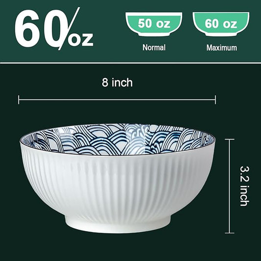 QINLANG Large Soup Bowls, Pho & Ramen Set of 3, 60 oz Blue & White Porcelain - Wave Pattern