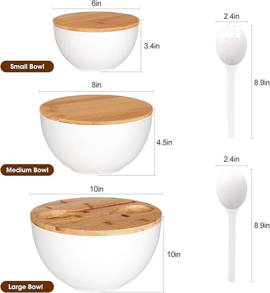 ShineMe Salad Serving Bowls with Lid and Utensils, 10" Bamboo Fiber Large Salad Bowl Set of 3, Kitchen Mixing Bowls for Preparing, Storing and Serving Cereal, Fruit,Chips, Bread