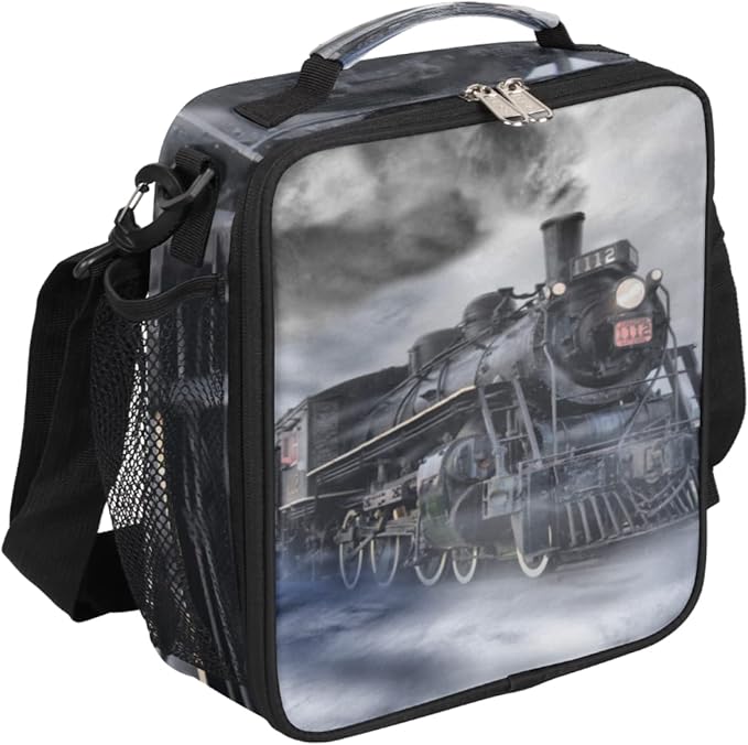 Express Locomotive Train Kids Lunch Box Vintage Train Insulated Lunch Bag Tote for Girls Boys Cooler Freezable Meal Prep Bag with Shoulder Strap Waterproof Lunch Container for School Office Picnic