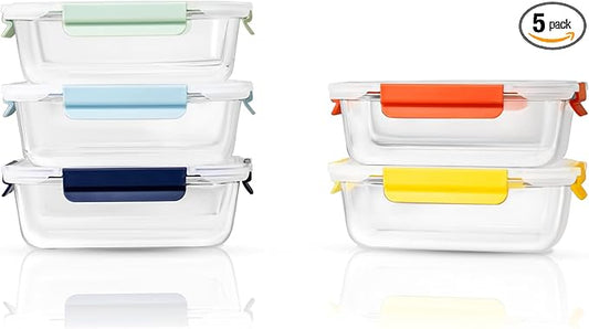 5-Pack 36oz Glass Food Storage Containers with Lids - Borosilicate Glass Meal Prep Container - Airtight, Leak-Proof Reusable Food Prep Containers, Microwave, Freezer, Oven Safe & BPA Free