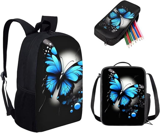 Dolyues Blue Butterfly Print 17 Inch Student Backpack, Bento Lunch Bag & Zipper Pencil Holder - Spacious & Trendy for Teen Girls