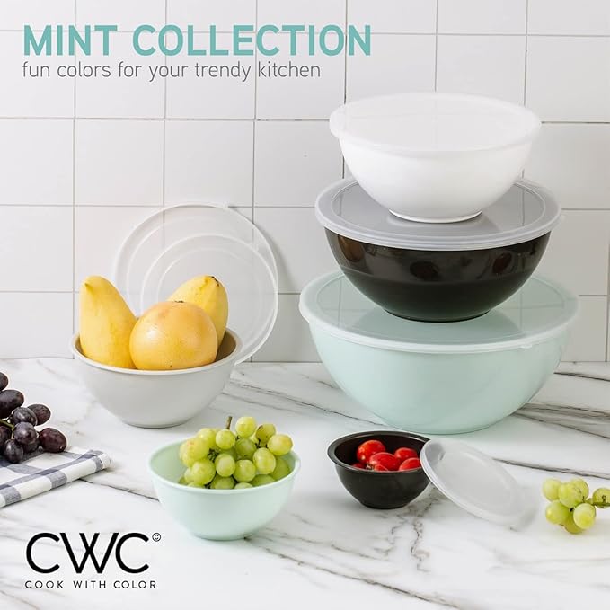COOK WITH COLOR Mixing Bowls with Lids - 12 Piece Plastic Nesting Bowls Set includes 6 Prep Bowls and 6 Lids, Microwave Safe Mixing Bowl Set (Mint/Black and White)