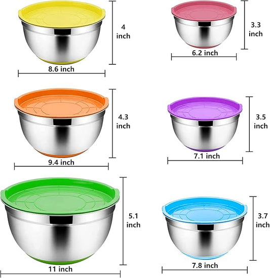 Menbyci 6 Pcs Mixing Bowls with Lids,Stainless Steel Mixing Bowls Utensils with 3 Grater Attachments,Non-Slip Bottoms,Mixing Bowl Set for Kitchen Mixing Baking Prepping Cooking Serving,Colorful