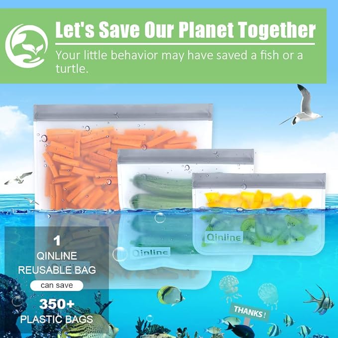 Reusable Food Storage Bags - 24 Pack Freezer Bags, Reusable Bags Silicone, Extra Thick Leakproof Reusable Lunch Bag for Salad Fruit Meats Travel - 8 Gallon 8 Sandwich 8 Snack Bags