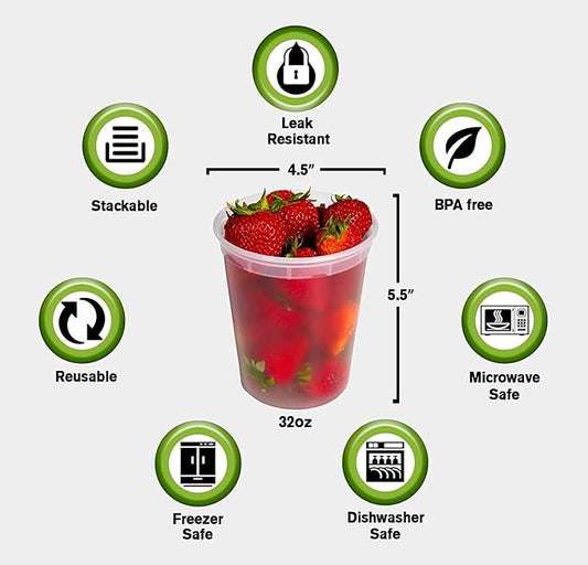 Deli Plastic Food Containers with Airtight Lids 32oz-200 Set (4 packs 50 Set), Leakproof Slime Small Combo Pack [Reusable, Storage, Disposable, Meal Prep, Soup, Microwaveable & Freezer Safe]